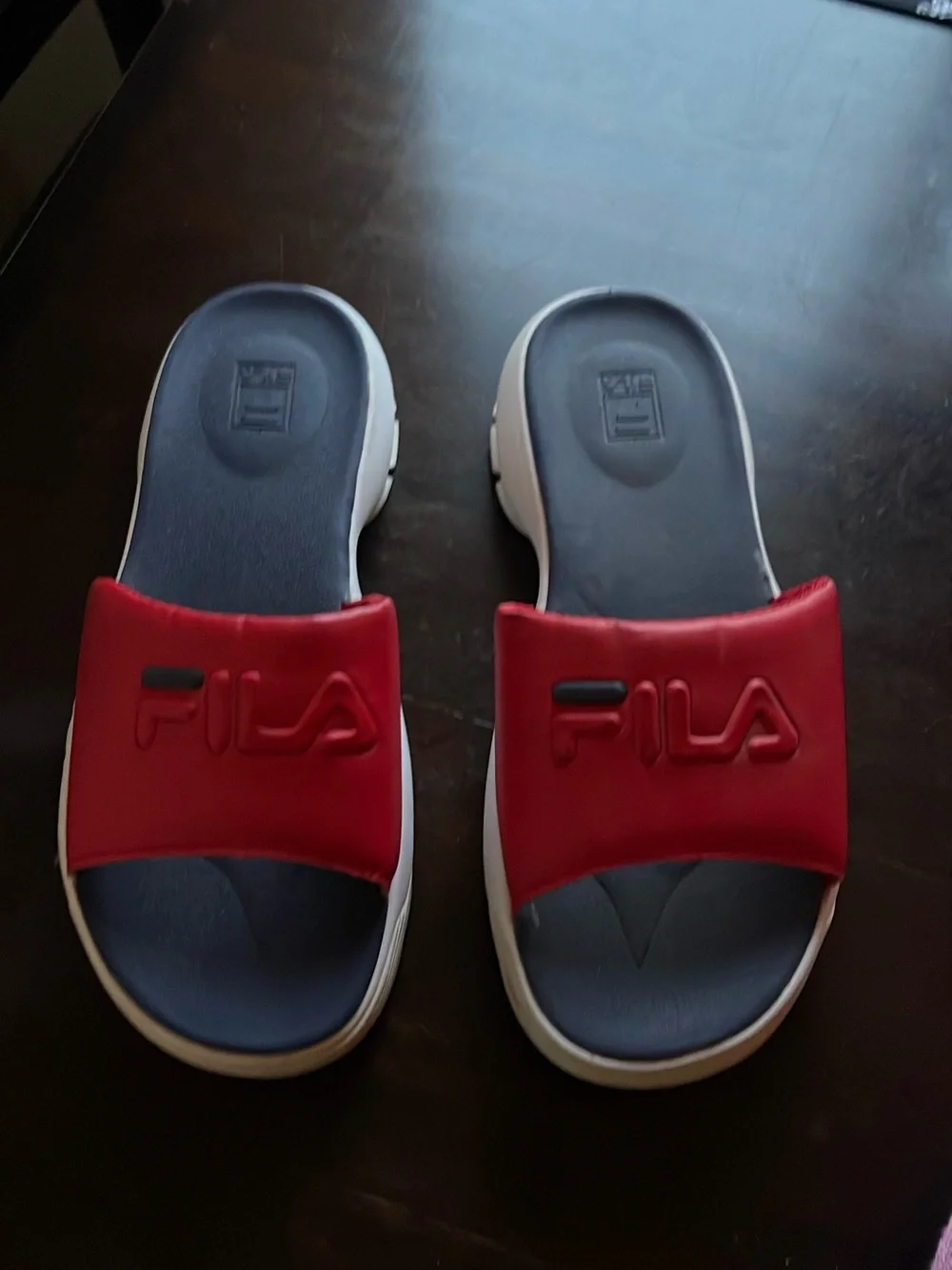 Fila Red Strap Navy Footbed White Sole Slide Sandals